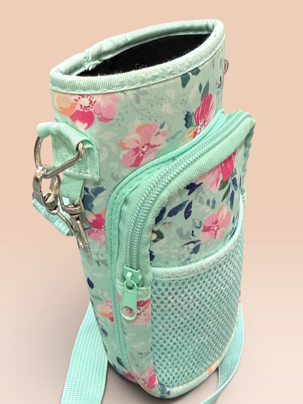 Floral Mint Water Bottle Carrier with Front Pocket